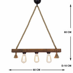 Suspension style rustique 3 lampes alignées Tarane L60cm Pin massif foncé