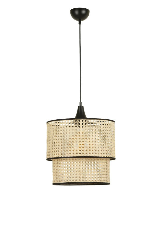 Suspension tambour 2 niveaux Tropaeum D30cm Métal Noir et Rotin Beige