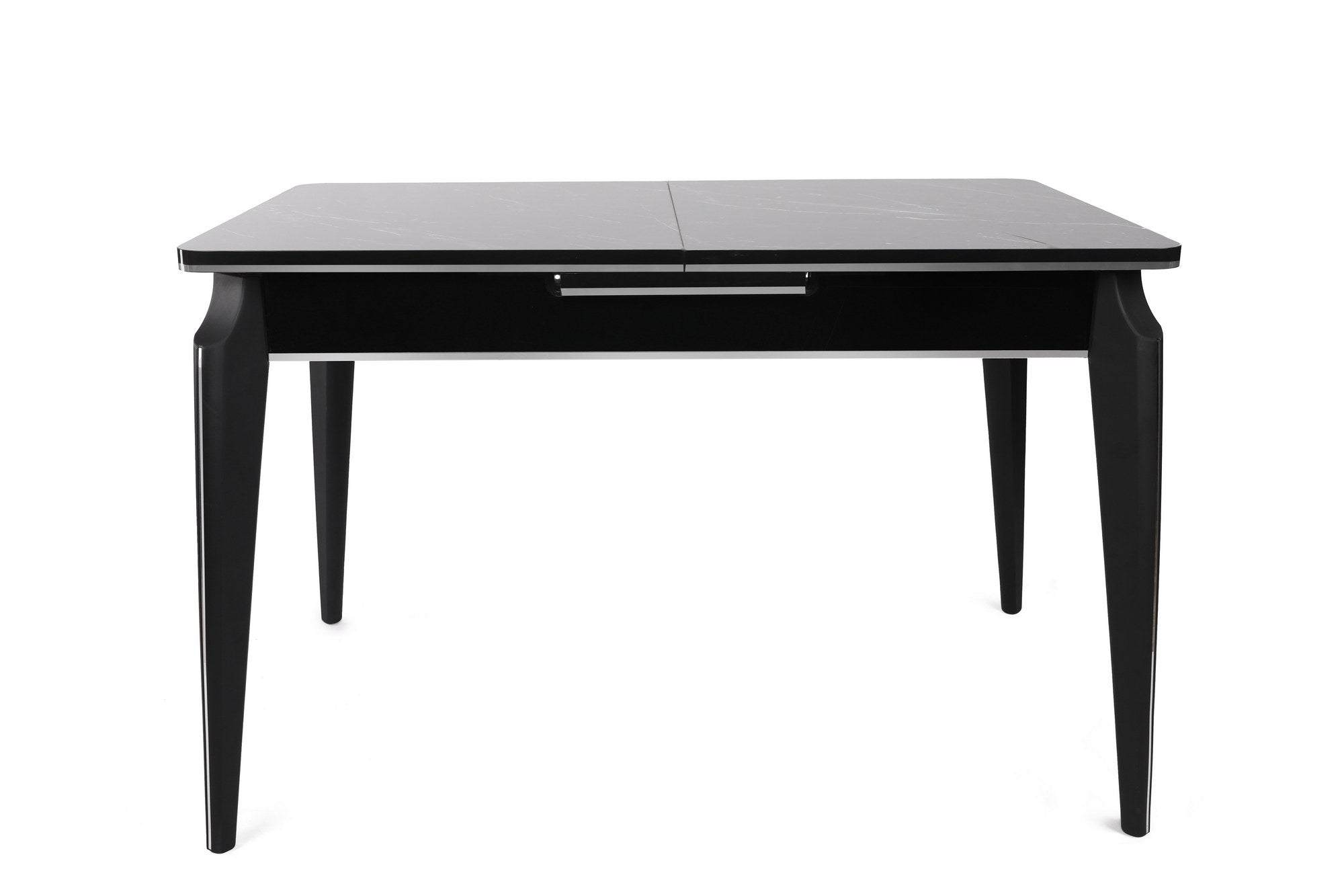 Table à mangé extensible Alnilam Métal Noir et Bois Effet marbre Noir avec bordure Argent