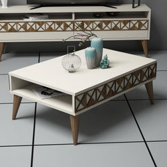 Table basse 1 compartiment Nakach 90x60cm Motif Géométrique Bois Blanc Crème et Marron