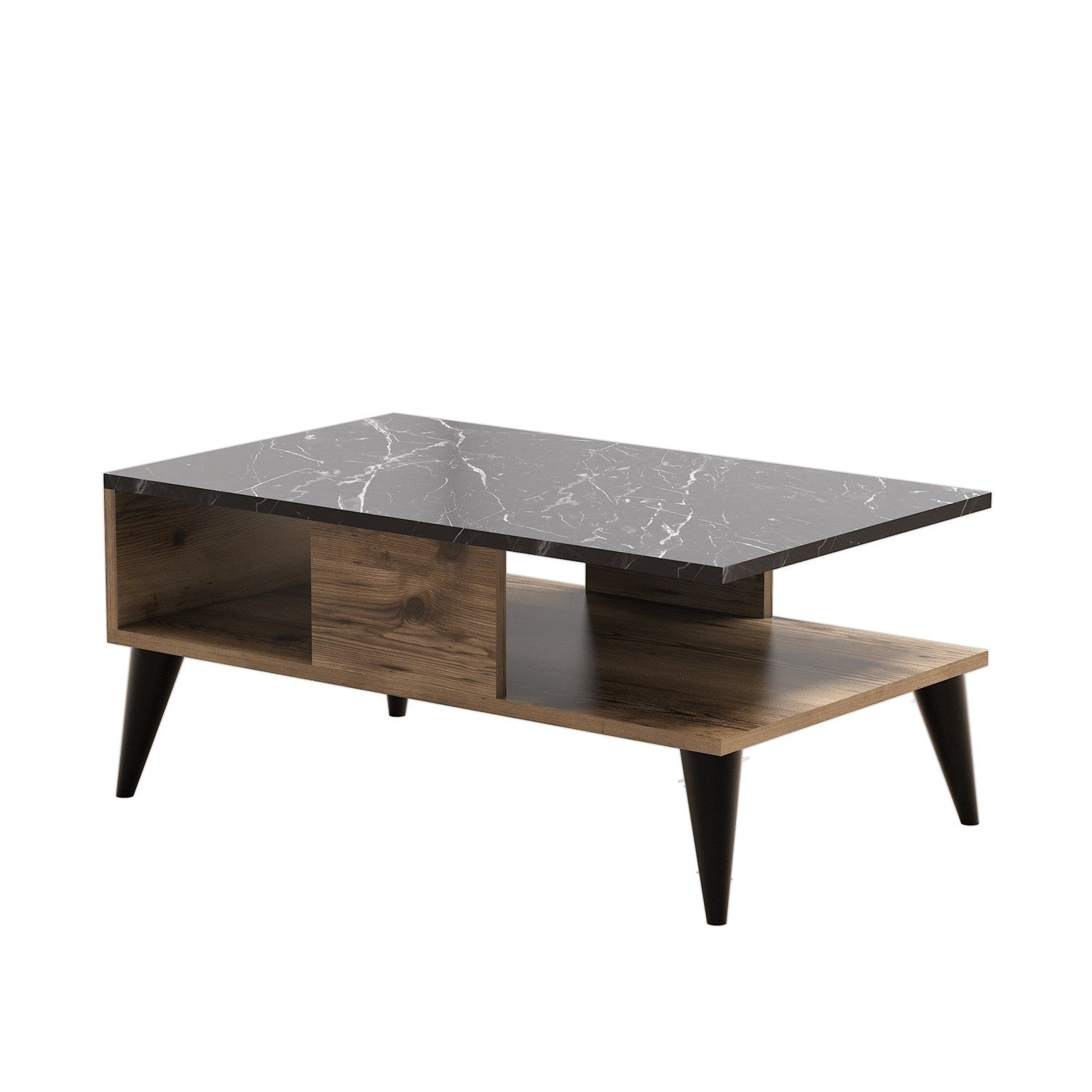 Table basse 2 étages Balou 90x54cm Bois Naturel et Noir effet marbre