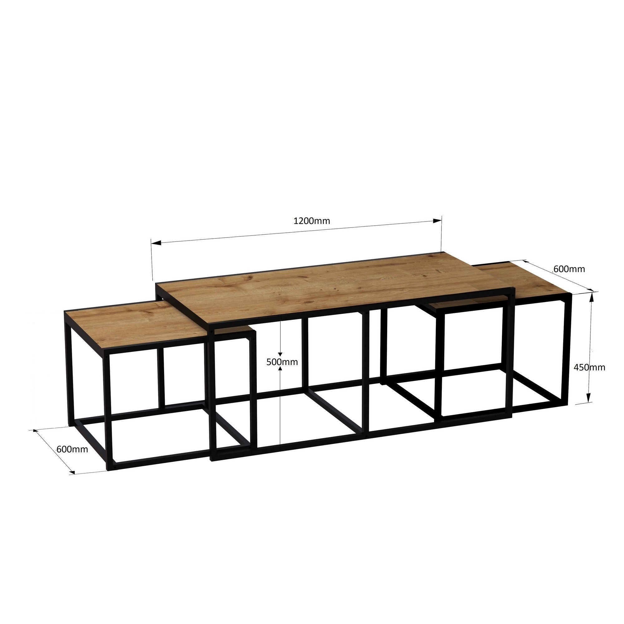 Table basse 3 en 1 gigogne Mélaminé Chêne et Métal Noir