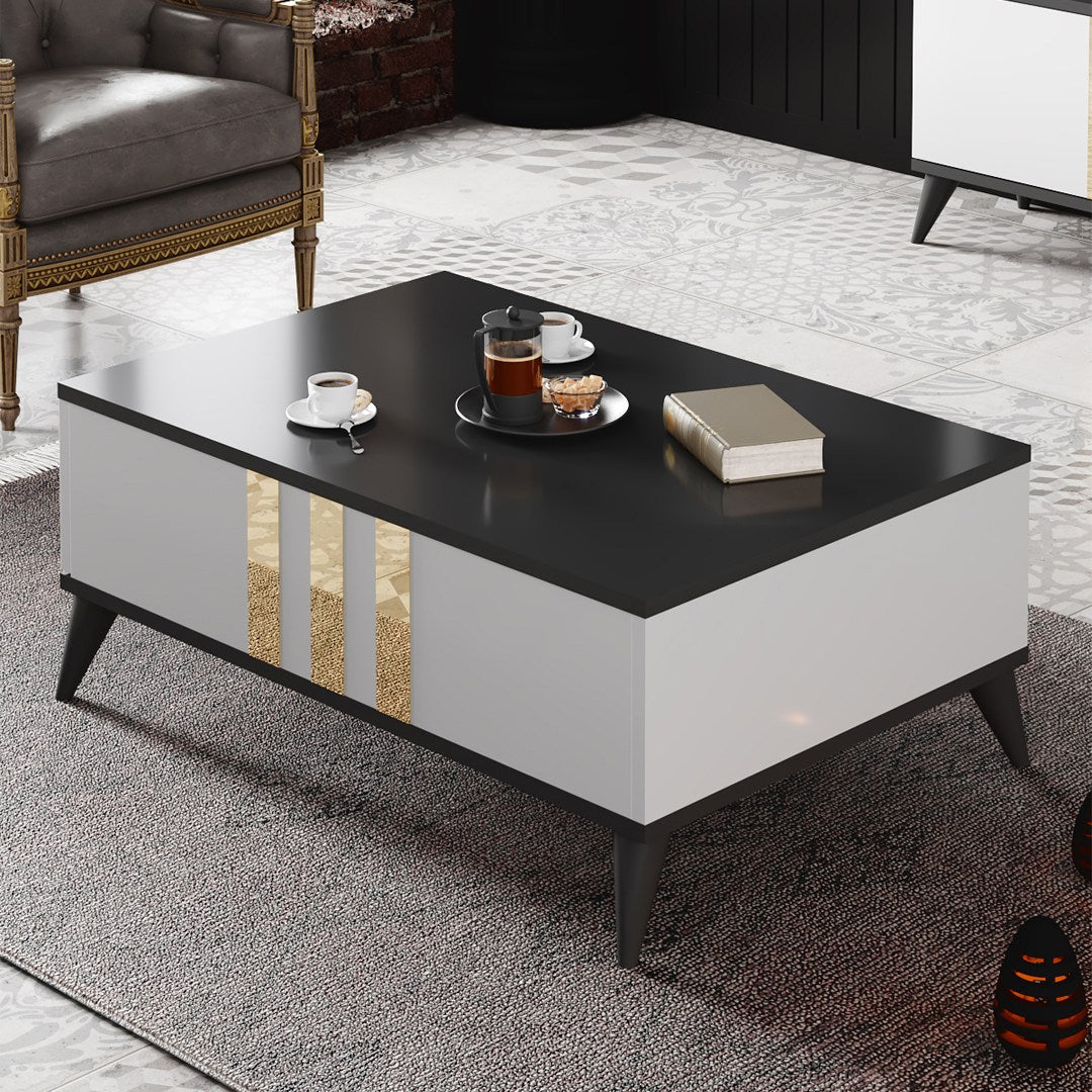 Table basse avec porte basculante Ieraene 39x90cm Blanc, Anthracite et Or