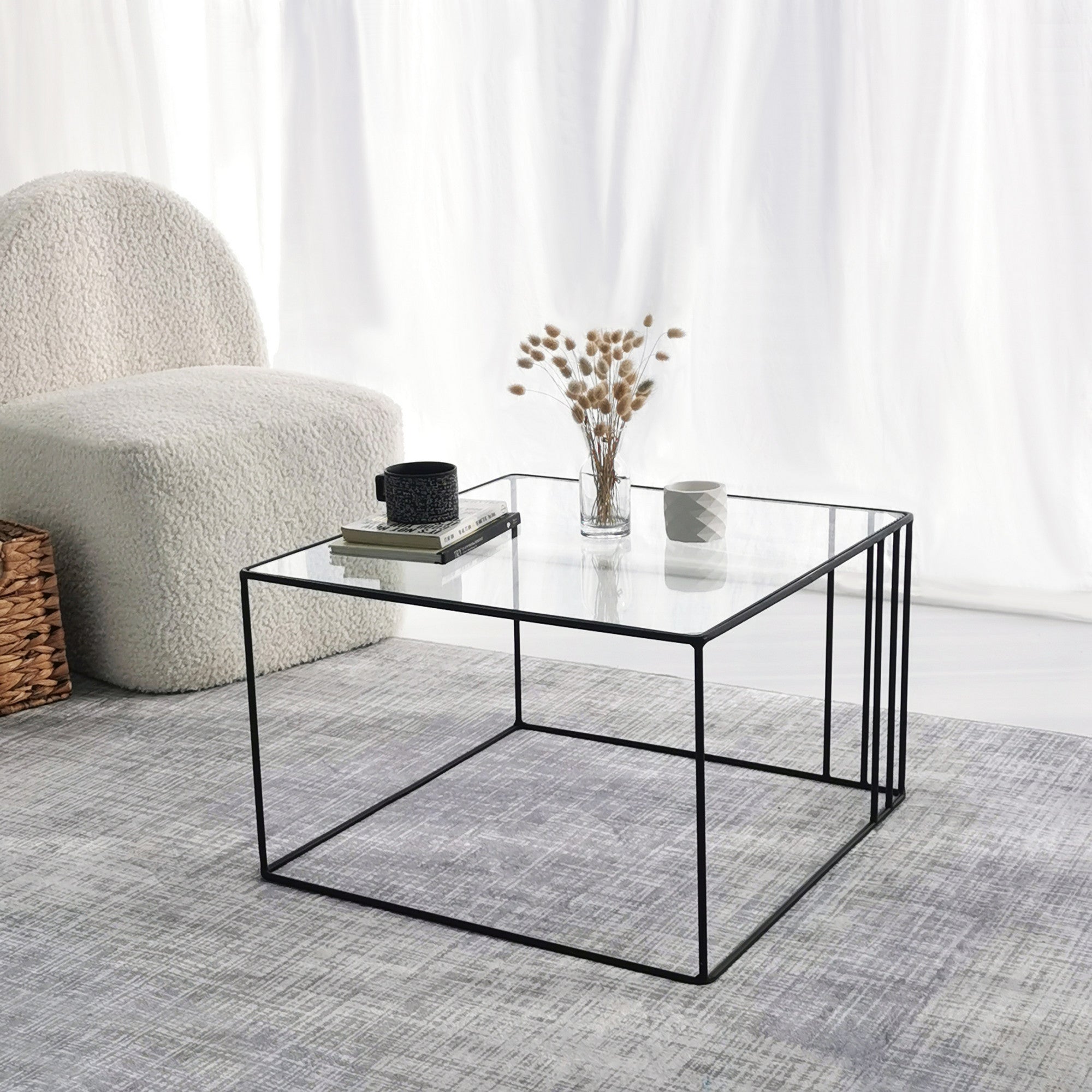 Table basse carrée Neway 50x50cm Verre Transparent et Métal Noir