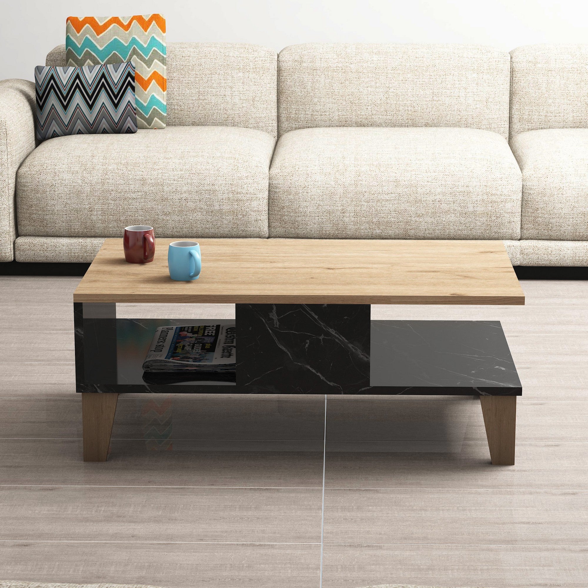 Table basse Delectatio Bois Chêne et Effet Marbre Noir