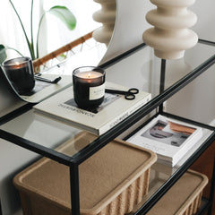 Table console 3 plateaux Vitrex 100cm Verre trempé Transparent et Métal Noir