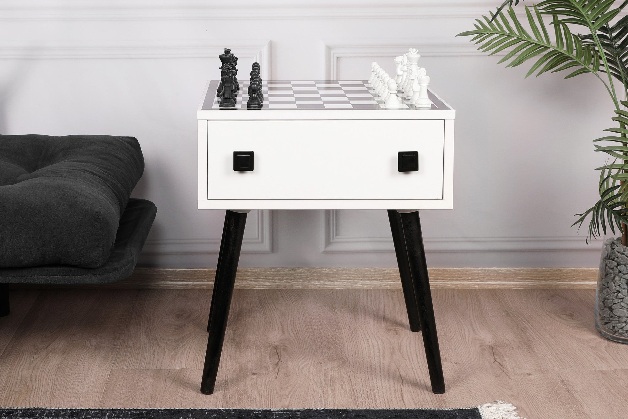 Table d'appoint style scandinave jeu d'échec 1 tiroir Ases Motif échiquier Noir et Blanc