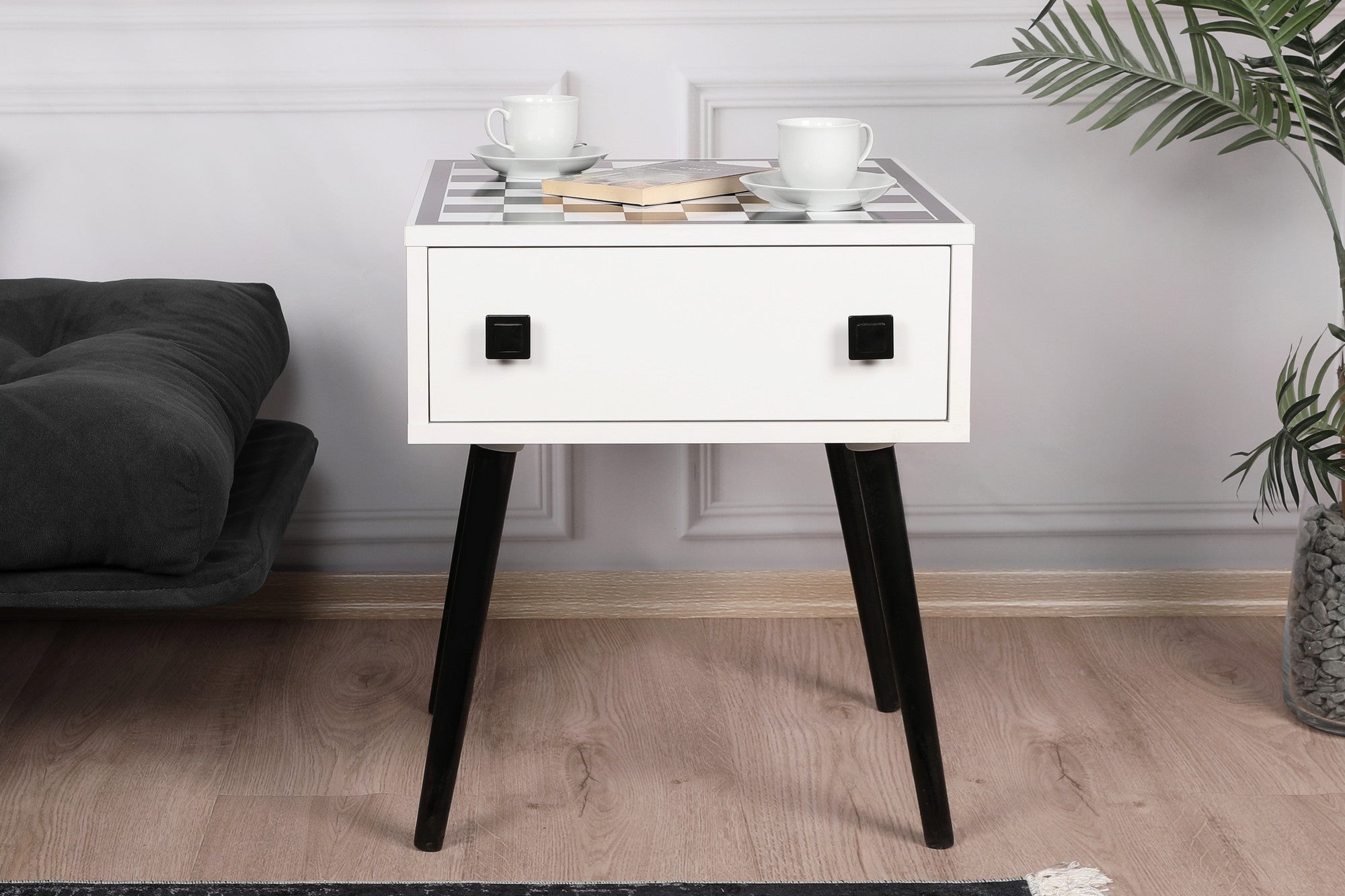 Table d'appoint style scandinave jeu d'échec 1 tiroir Ases Motif échiquier Noir et Blanc