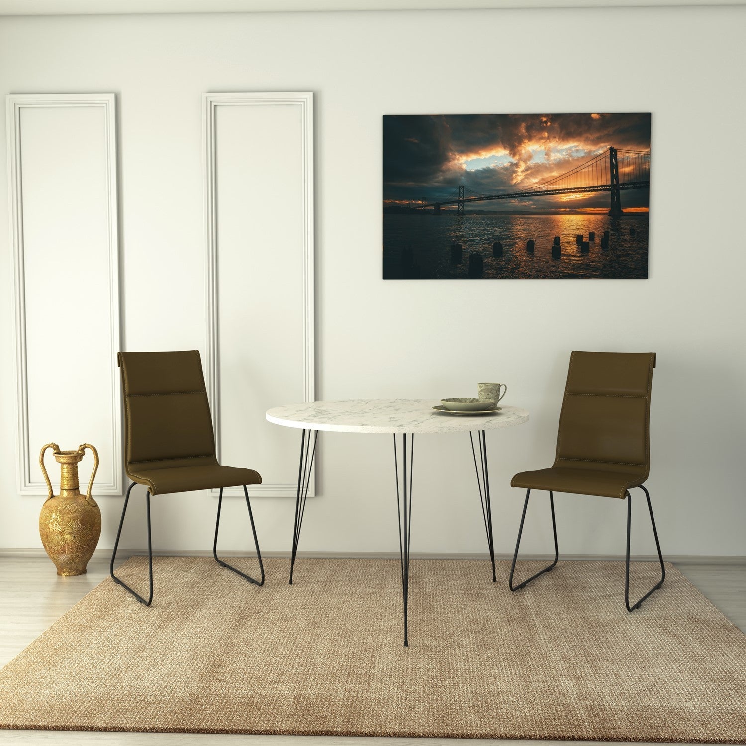 Table ronde Gillson D90cm Métal Noir et Bois Effet Marbre Blanc