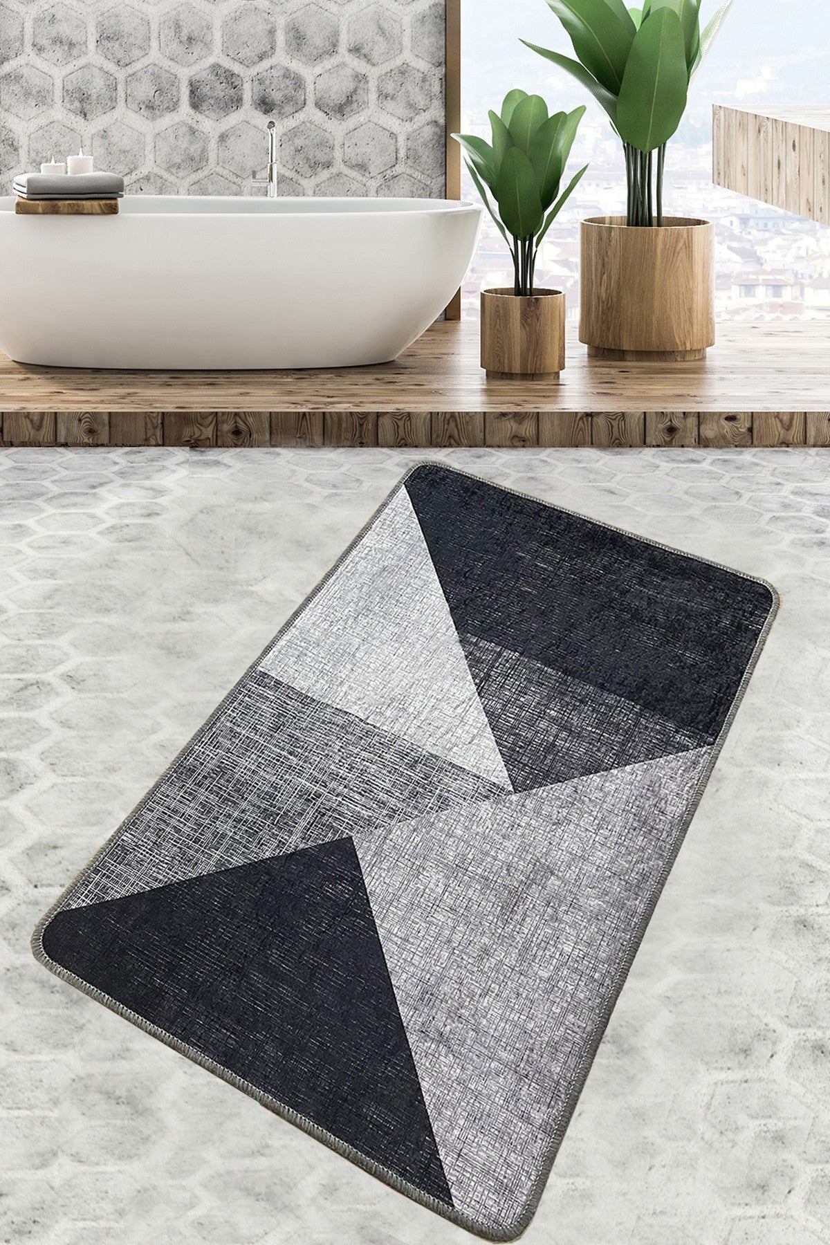 Tapis de salle de bain Kaliská 70x120cm Motif Triangles en rayures Gris