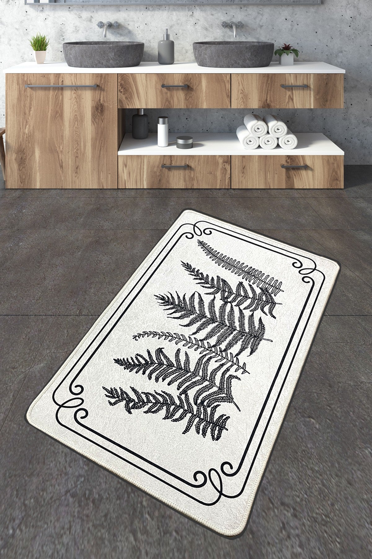 Tapis de salle de bain Taklit 70x120cm Motif Feuille de fougères Noir et Blanc