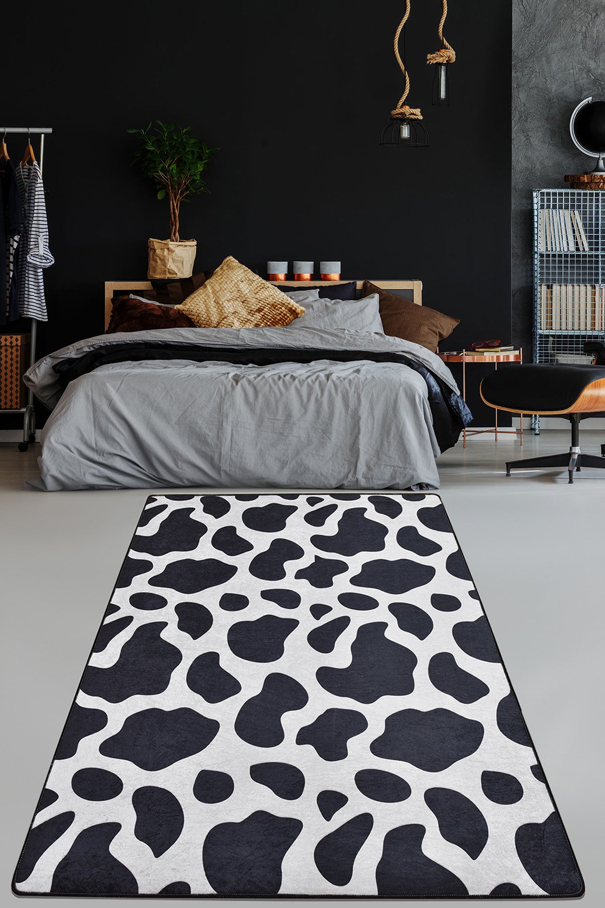 Tapis Wareye 80x140cm Velours Motif Tache de vache Noir et Blanc